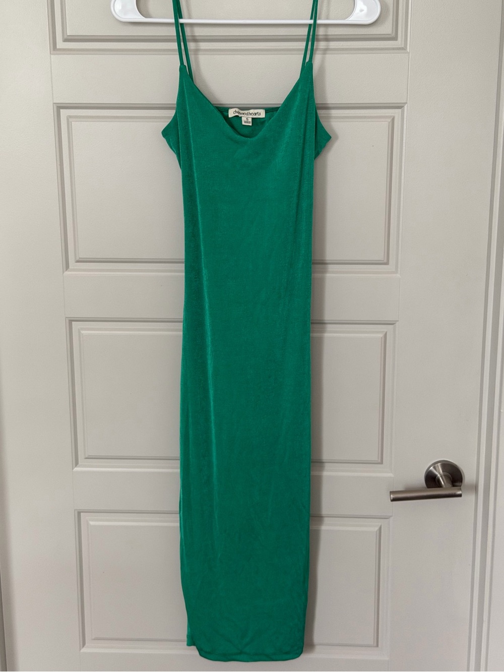 Charmed Hearts Emerald Green Shimmer Slinky Open Back Midi Slip Dress S